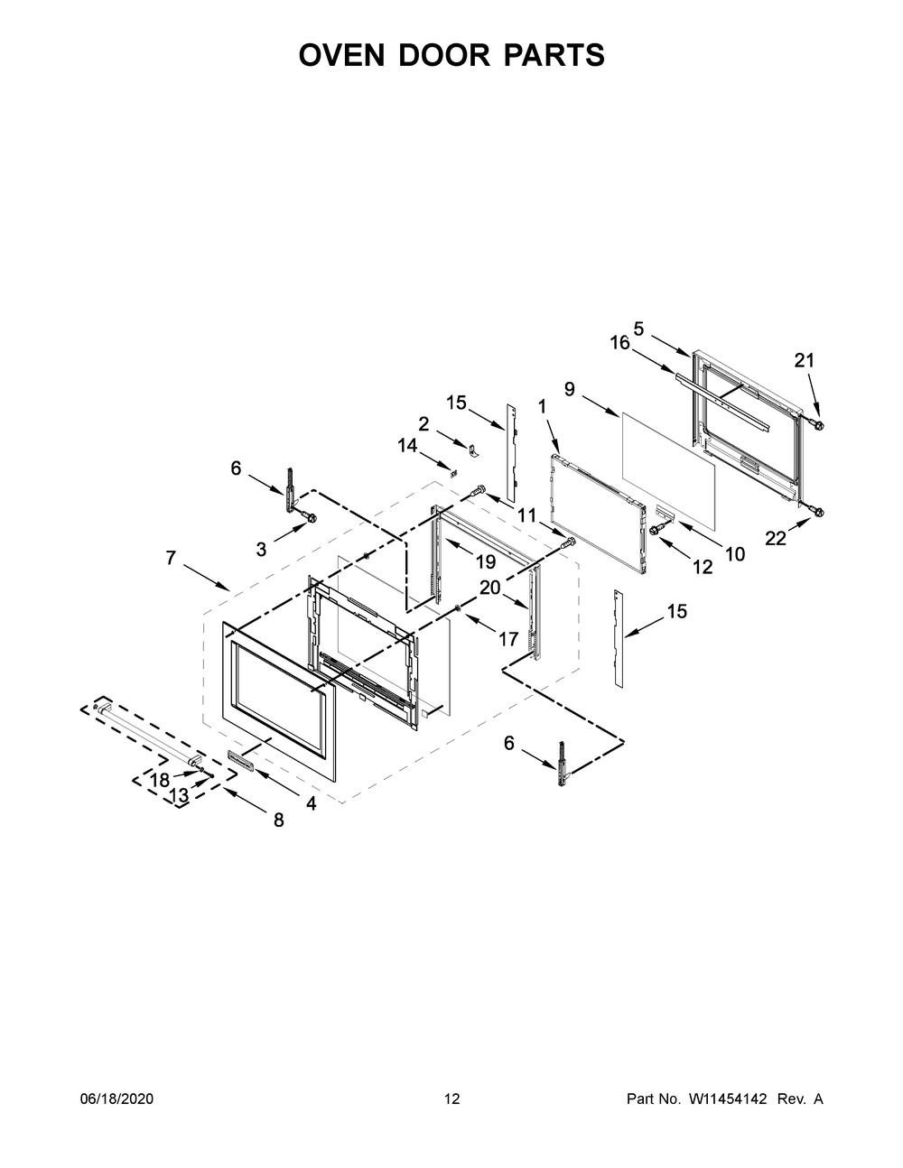 Oven Door Parts Diagram and Parts List for KOCE500EBS11  Whirlpool Microwave Oven Combo