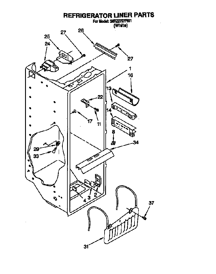 Refrigerator Liner Diagram and Parts List for 3XR2727FI01  Whirlpool Refrigerator