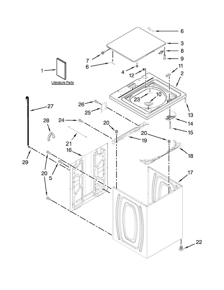 Top And Cabinet Parts Diagram and Parts List for 11023102311  Kenmore Washer