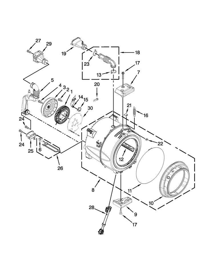 Tub And Basket Parts Diagram and Parts List for WFW61HEBW0  Whirlpool Washer