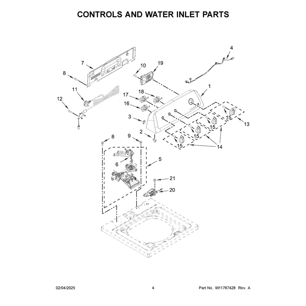 Controls And Water Inlet Parts Diagram and Parts List for 4KWTW5700JW2  Whirlpool Washer