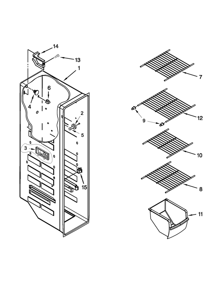 Freezer Liner Parts Diagram and Parts List for 5WRS25KNBF00  Whirlpool Refrigerator