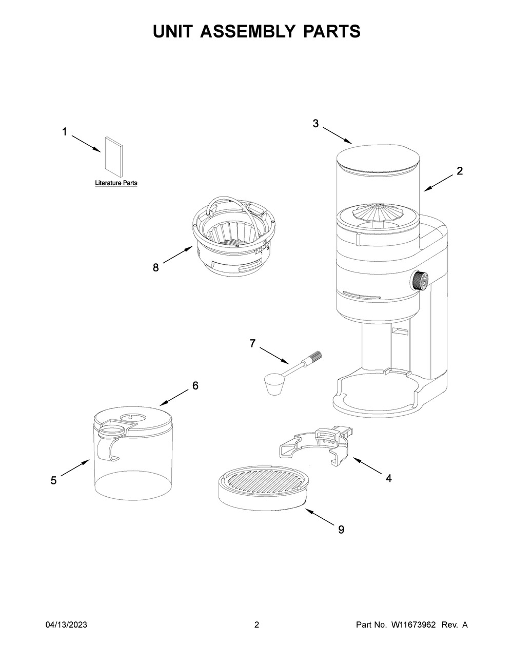 Unit Assembly Parts Diagram and Parts List for KCG8433BM0  KitchenAid Coffee Grinder