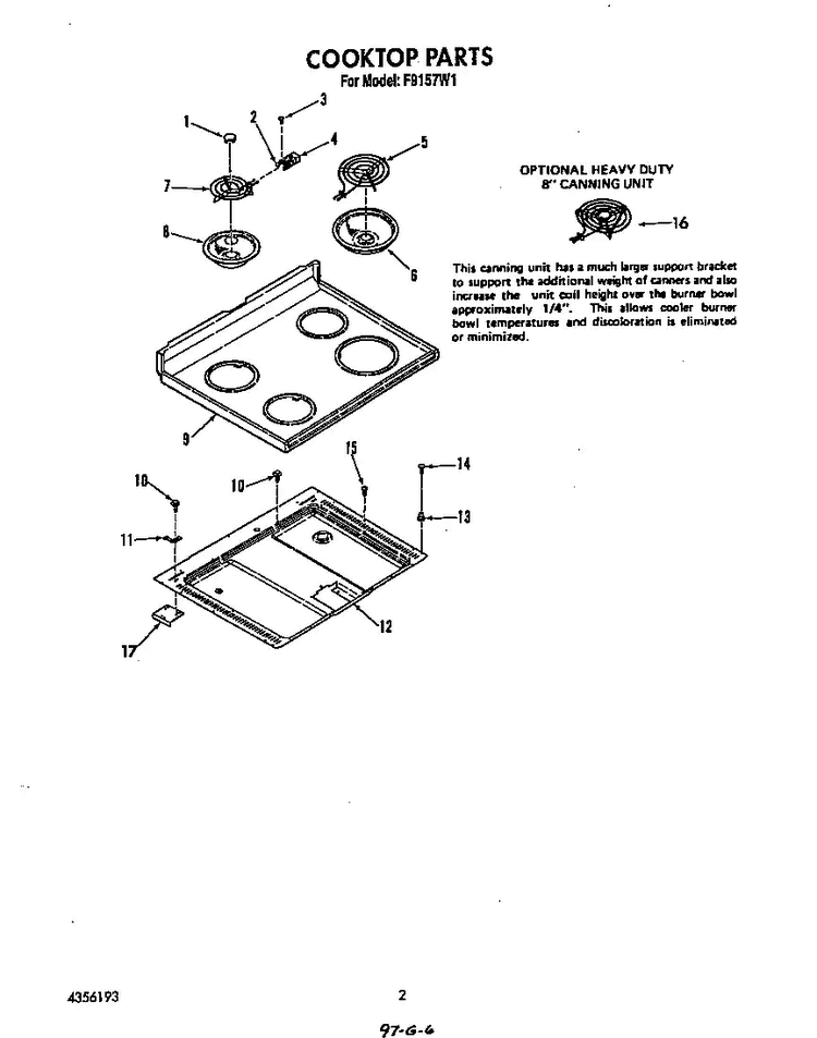 Cooktop Diagram and Parts List for F9157*1  Roper Range