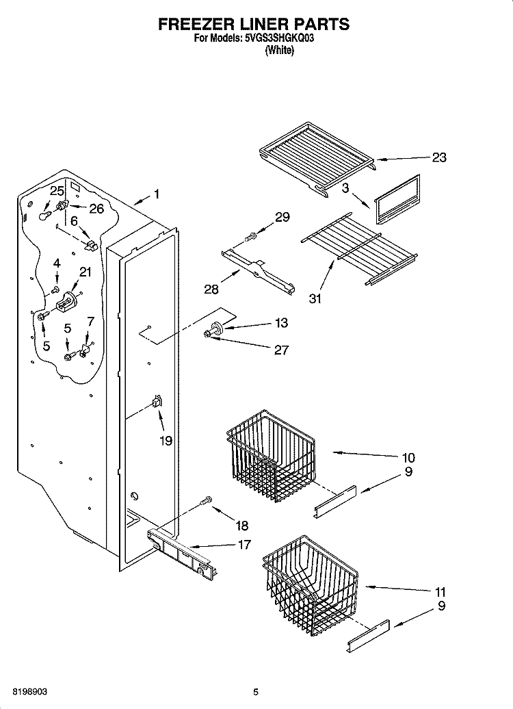 FREEZER LINER PARTS Diagram and Parts List for 5VGS3SHGKQ03  Whirlpool Refrigerator