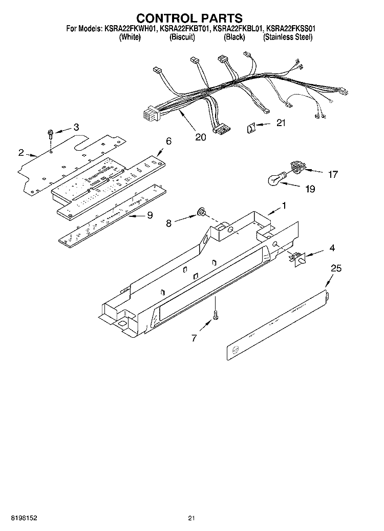 CONTROL PARTS, PARTS NOT ILLUSTRATED Diagram and Parts List for KSRA22FKWH01  KitchenAid Refrigerator