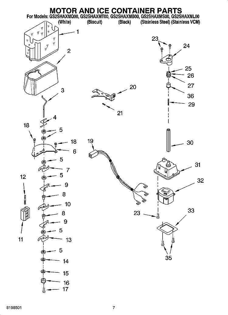 MOTOR AND ICE CONTAINER PARTS Diagram and Parts List for GS2SHAXMS00  Whirlpool Refrigerator