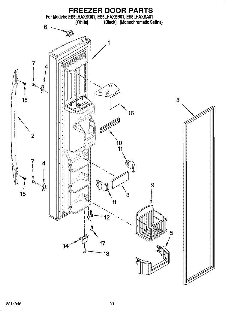 FREEZER DOOR PARTS Diagram and Parts List for ES5LHAXSQ01  Whirlpool Refrigerator