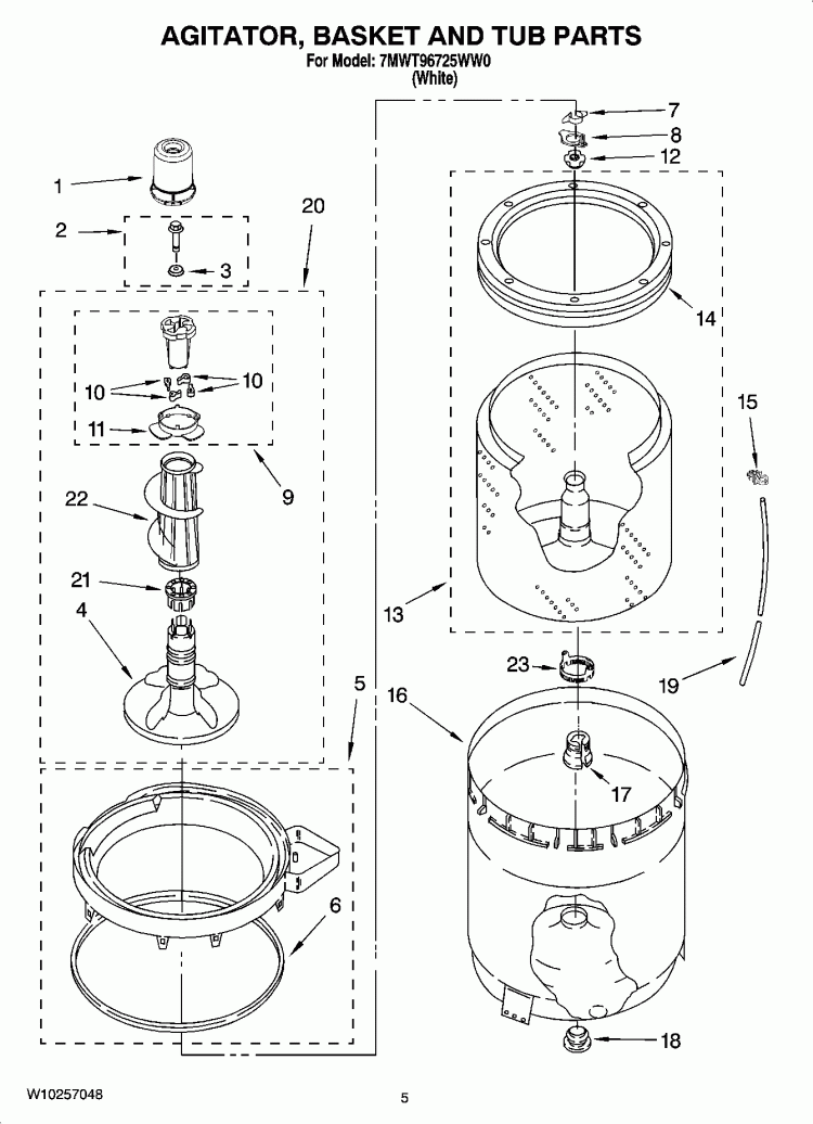 AGITATOR, BASKET AND TUB PARTS Diagram and Parts List for 7MWT96725WW0  Whirlpool Washer