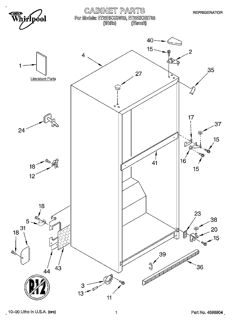 CABINET, LITERATURE Diagram and Parts List for ET22RKXGT03  Whirlpool Refrigerator