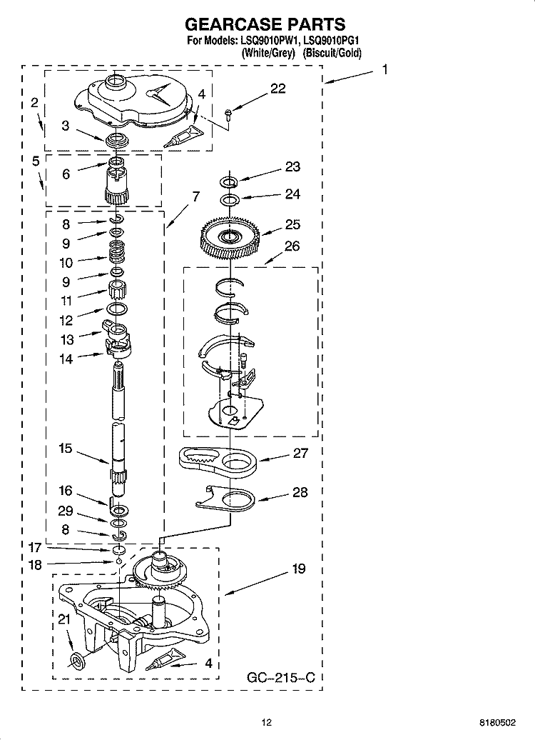 GEARCASE PARTS Diagram and Parts List for LSQ9010PG1  Whirlpool Washer