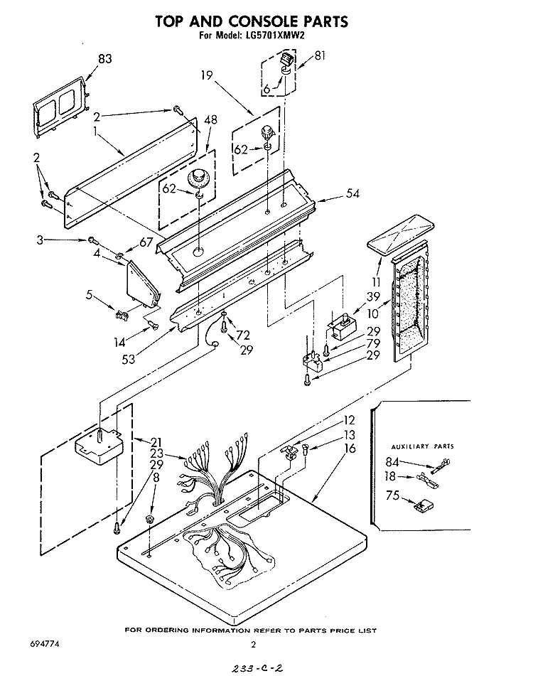 TOP AND CONSOLE , MISCELLANEOUS Diagram and Parts List for LG5701XMW2  Whirlpool Dryer