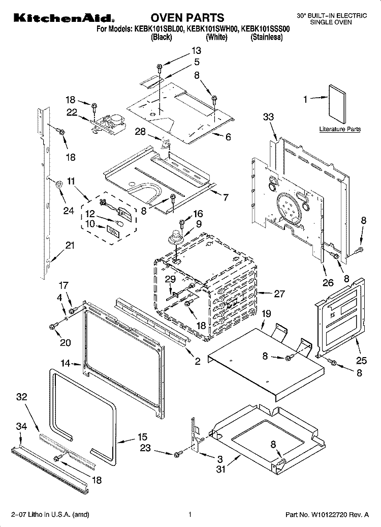 OVEN PARTS Diagram and Parts List for KEBK101SSS00  KitchenAid Wall Oven
