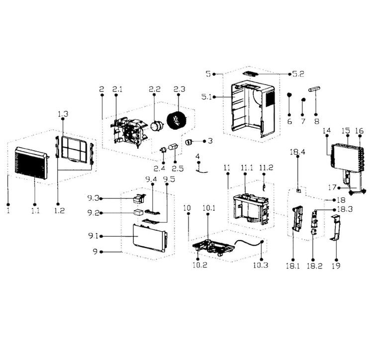 Main Assy Diagram and Parts List for 40543570  Kenmore Dehumidifier