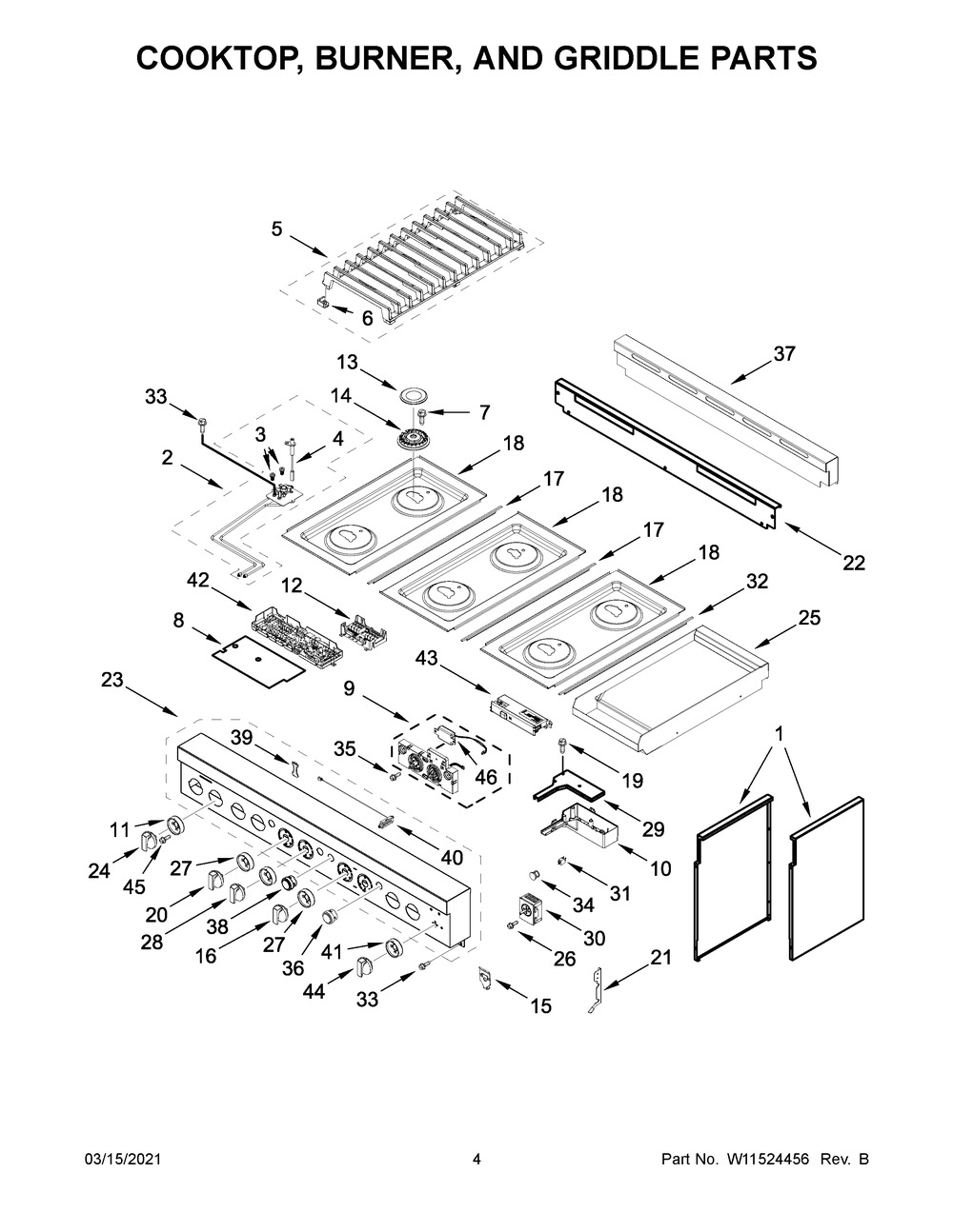 Cooktop, Burner, And Griddle Parts Diagram and Parts List for JGRP548HM01  Whirlpool Range