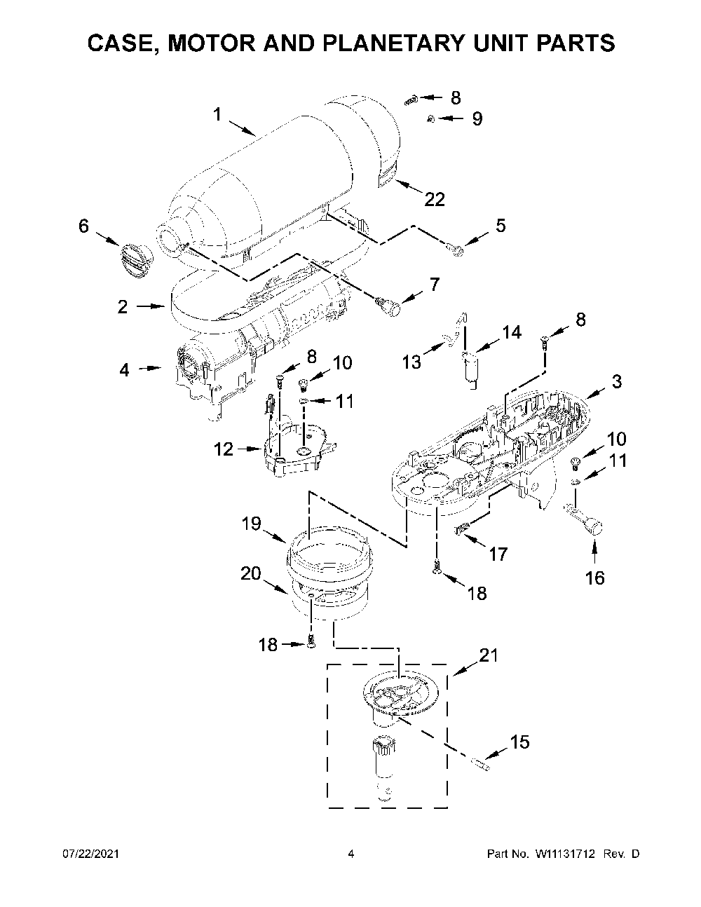 Case, Motor And Planetary Unit Parts Diagram and Parts List for 9KSM3311XPT0  KitchenAid Mixer