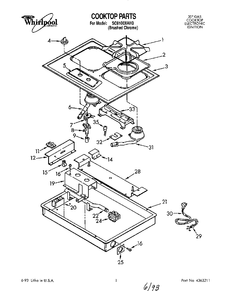 COOKTOP Diagram and Parts List for SC8100XAH0  Whirlpool Cooktop