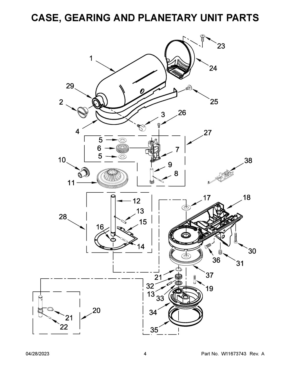 Case, Gearing And Planetary Unit Parts Diagram and Parts List for 5KSM95PSBCU4  KitchenAid Mixer