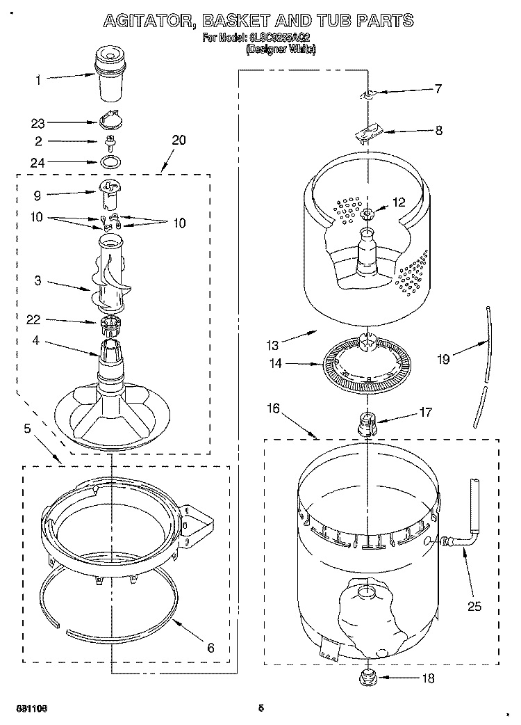 AGITATOR, BASKET AND TUB Diagram and Parts List for 6LSC9255AQ2  Whirlpool Washer