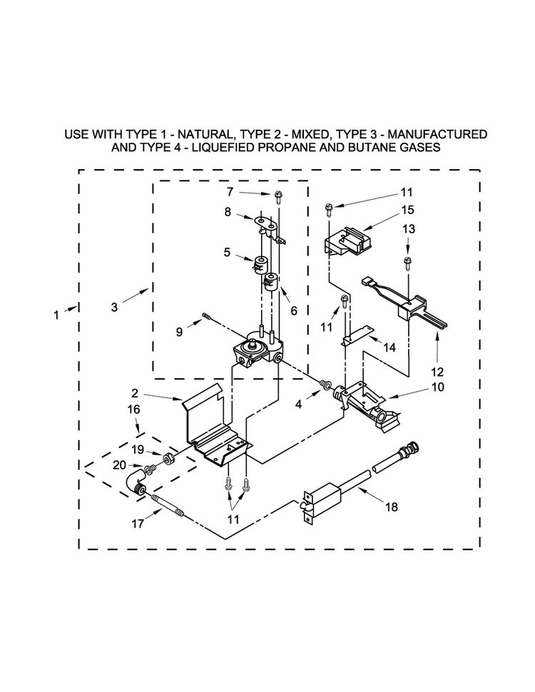 3402855 Burner Assembly Diagram and Parts List for WGT3300XQ3  Whirlpool Washer Dryer Combo