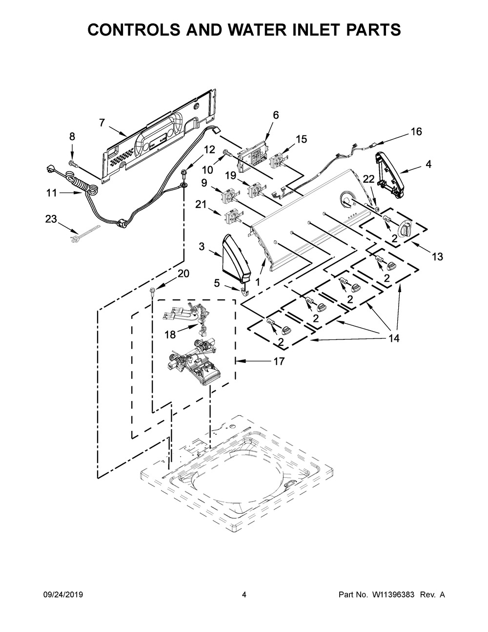 Controls And Water Inlet Parts Diagram and Parts List for CAW42114GW2  Whirlpool Washer