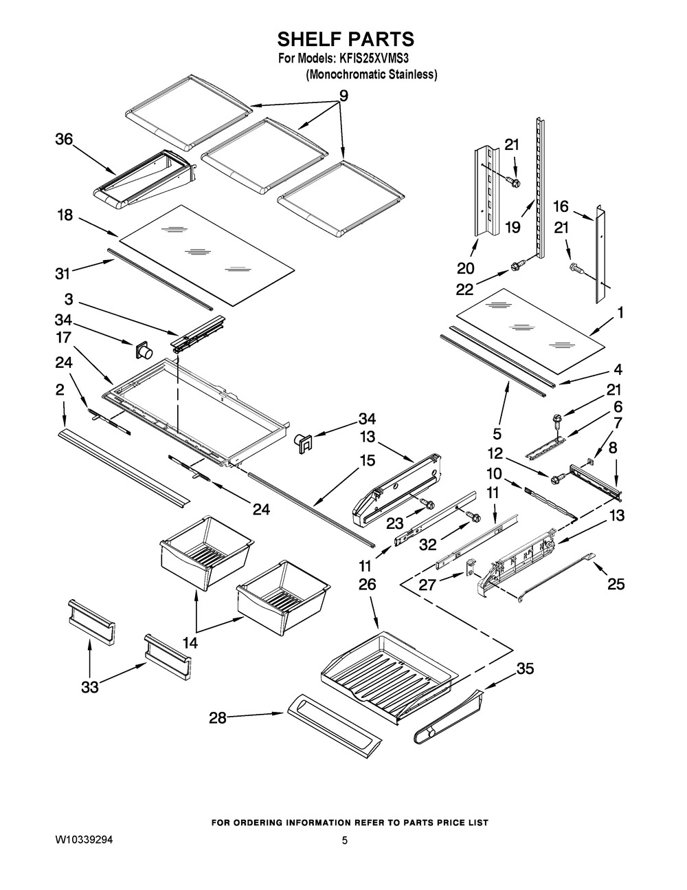 Shelf Parts Diagram and Parts List for KFIS25XVMS3  Whirlpool Refrigerator