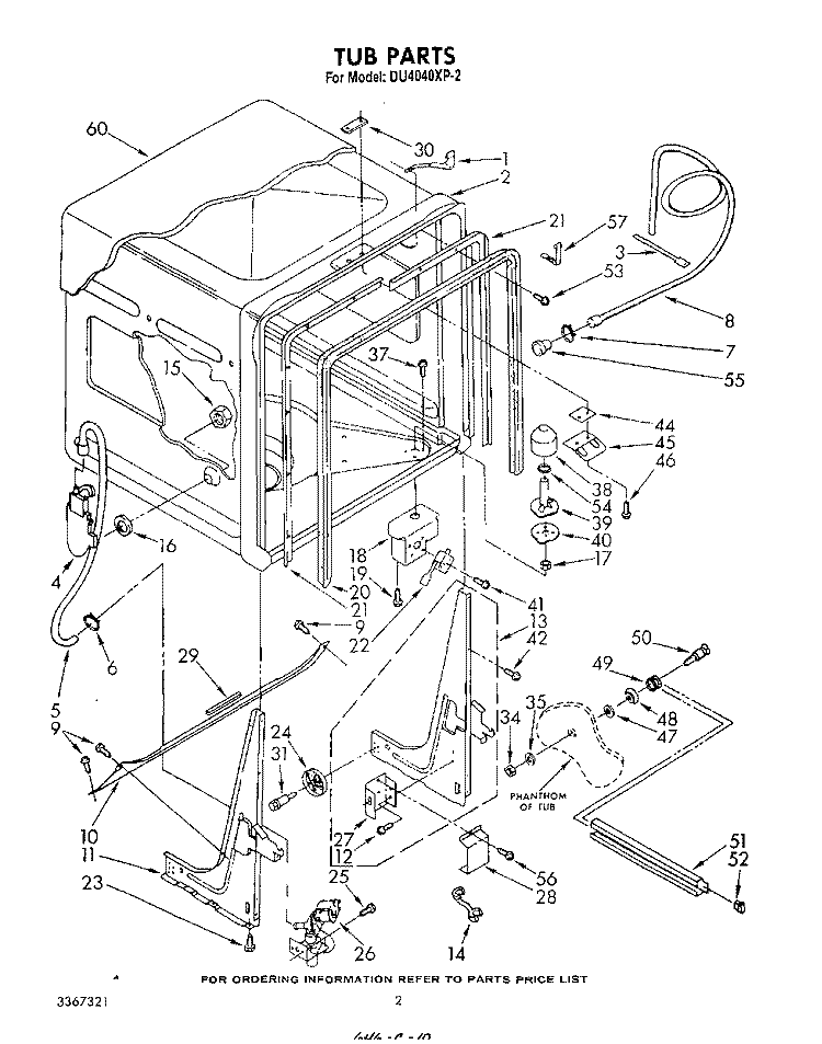 TUB, LITERATURE AND OPTIONAL Diagram and Parts List for DU4040XP2  Whirlpool Dishwasher