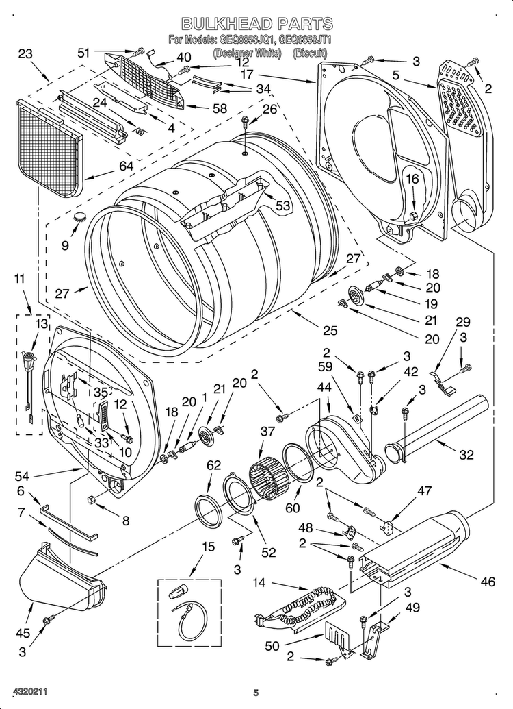 Bulkhead Diagram and Parts List for OEM3-GEQ8858JQ1  Whirlpool Dryer