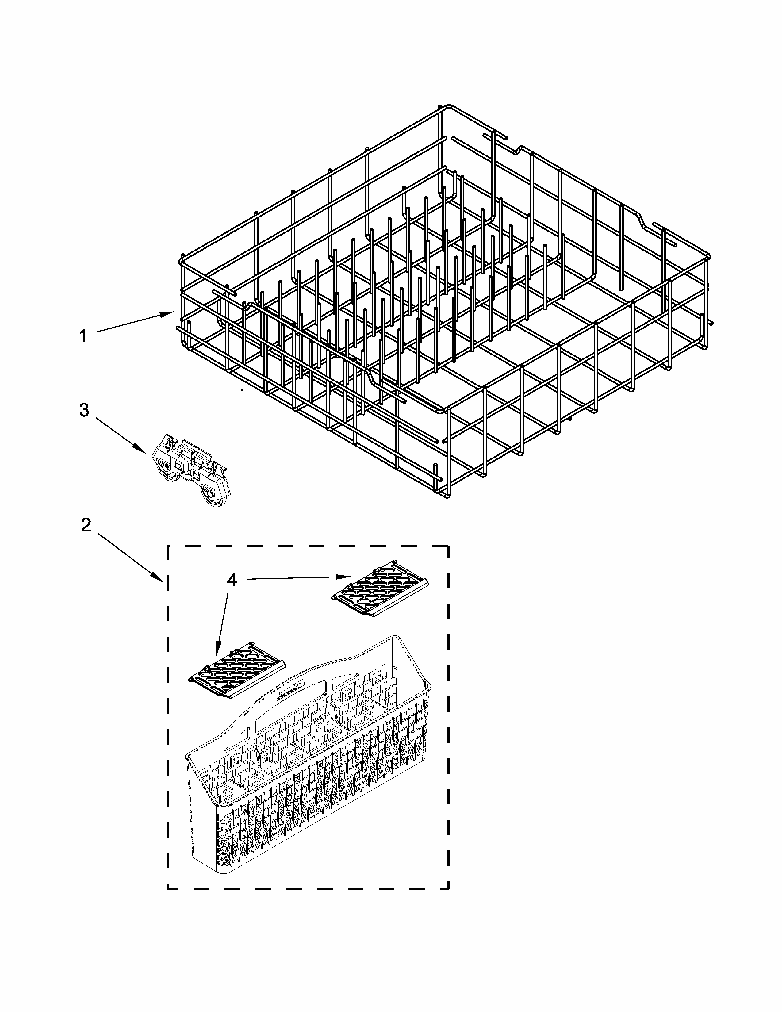 Lower Rack Parts Diagram and Parts List for 66513073K216  Kenmore Dishwasher