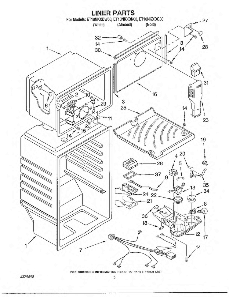 Liner Parts Diagram and Parts List for ET18NKDG00  Whirlpool Refrigerator