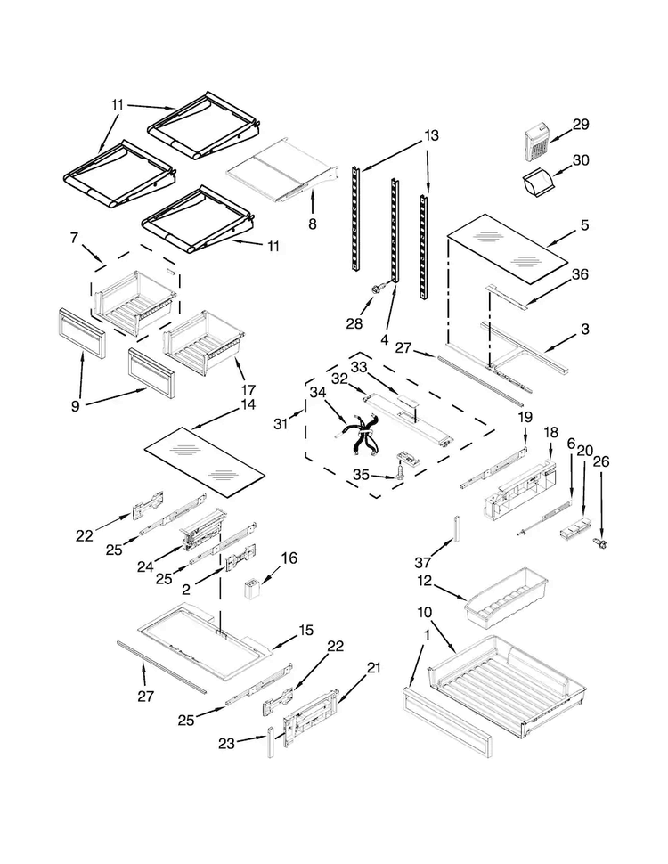 Shelf Parts Diagram and Parts List for KFIS29BBBL01  KitchenAid Refrigerator