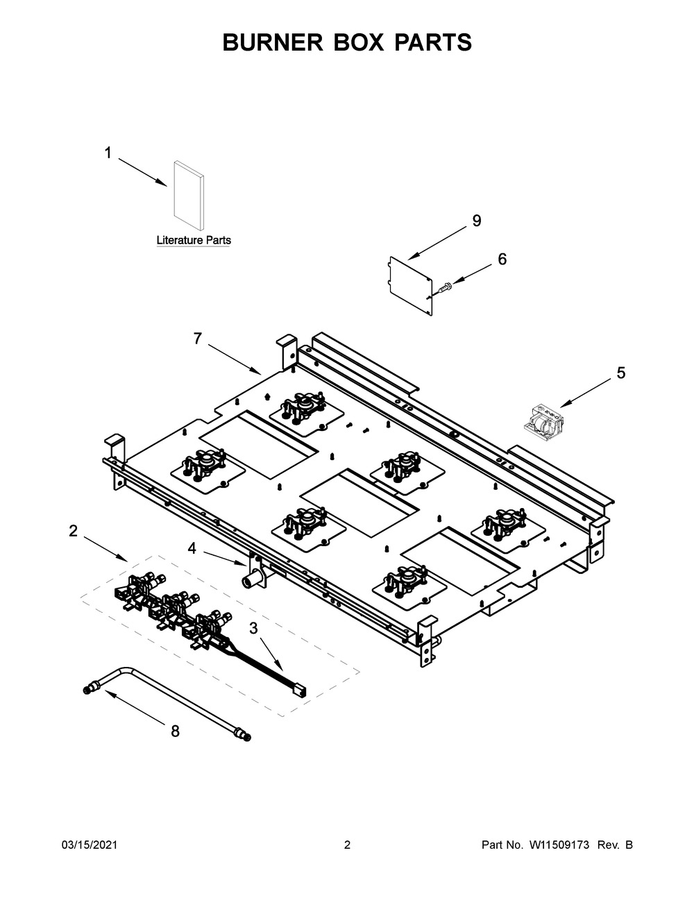 Burner Box Parts Diagram and Parts List for JGRP436HL01  Whirlpool Range