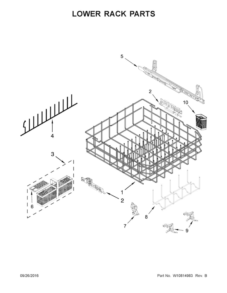 Lower Rack Parts Diagram and Parts List for KDTE254EBL1  KitchenAid Dishwasher
