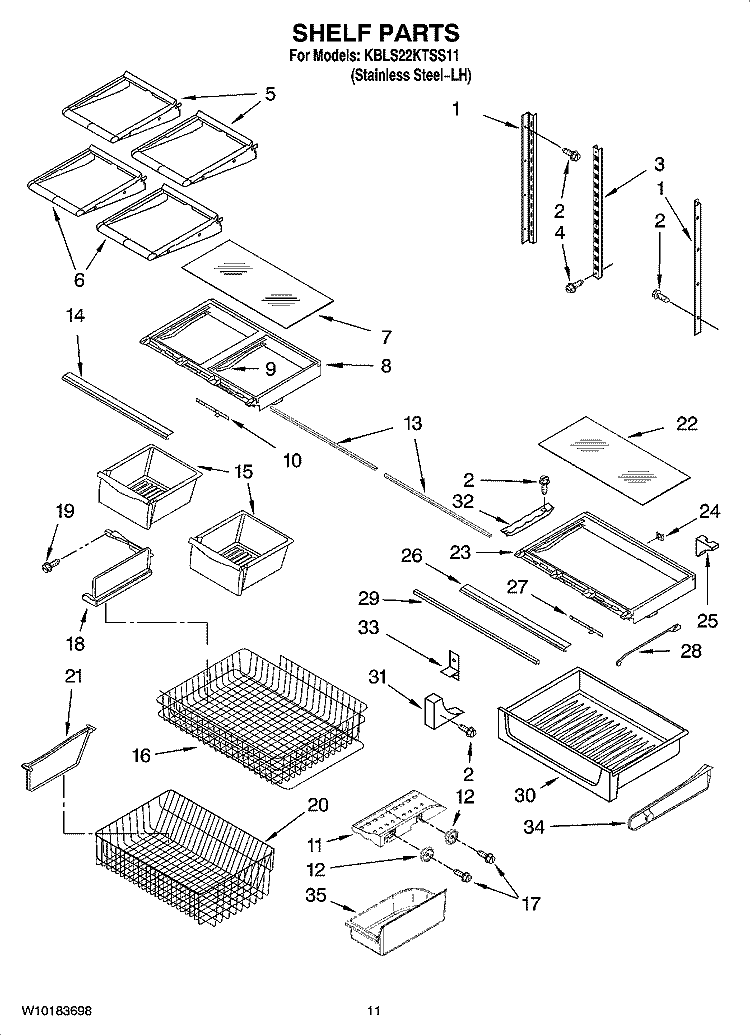 SHELF PARTS Diagram and Parts List for KBLS22KTSS11  KitchenAid Refrigerator