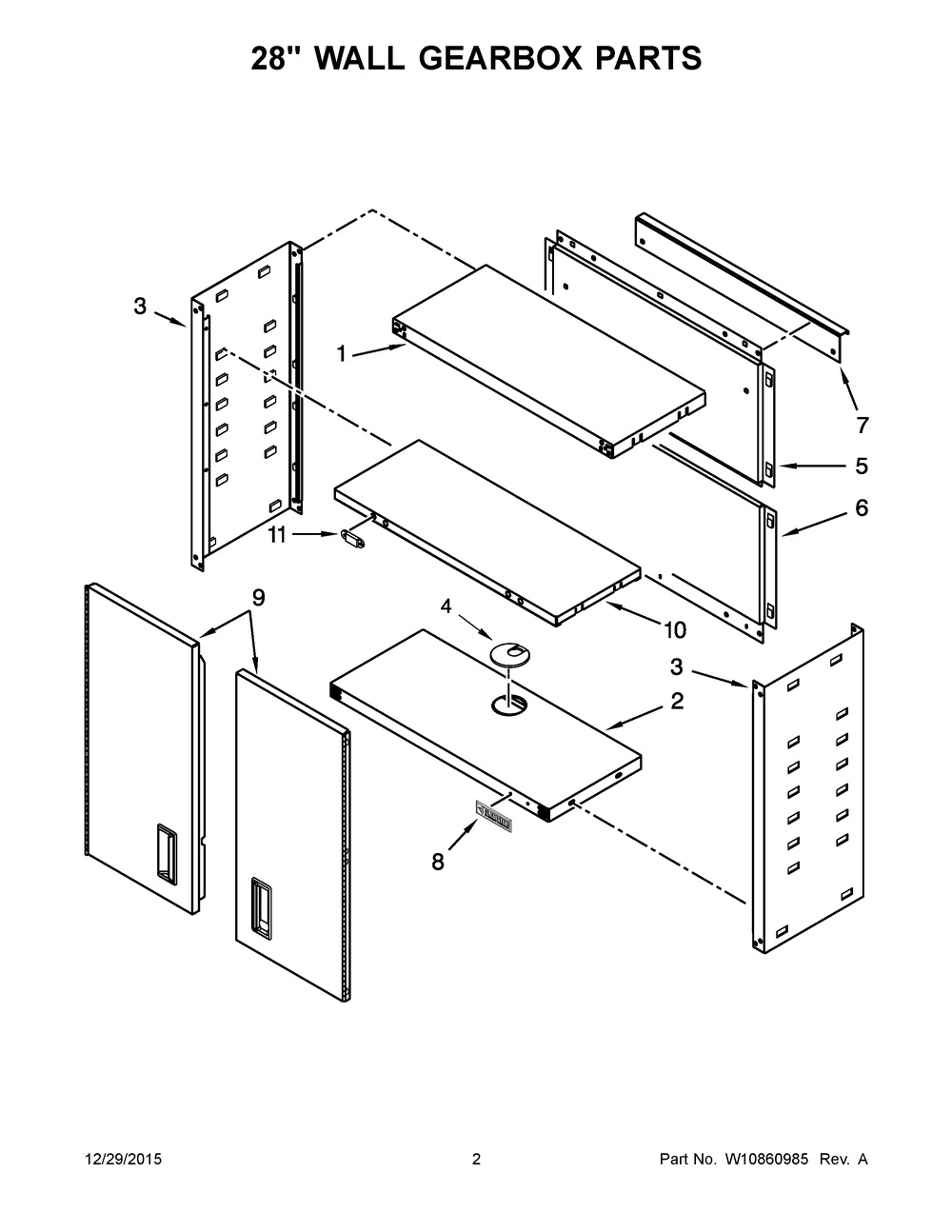 28" Wall Gearbox Parts Diagram and Parts List for GAWG28FVEW00  Whirlpool Cabinet