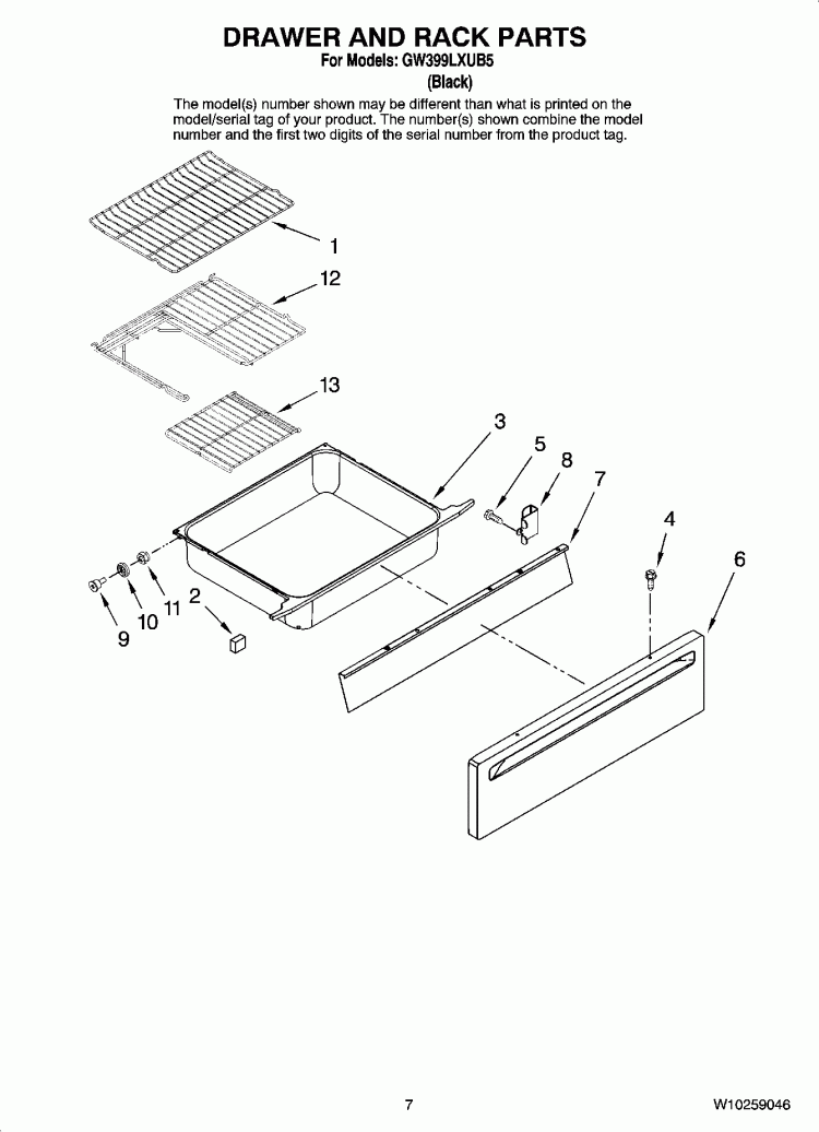 DRAWER AND RACK PARTS Diagram and Parts List for GW399LXUB5  Whirlpool Range