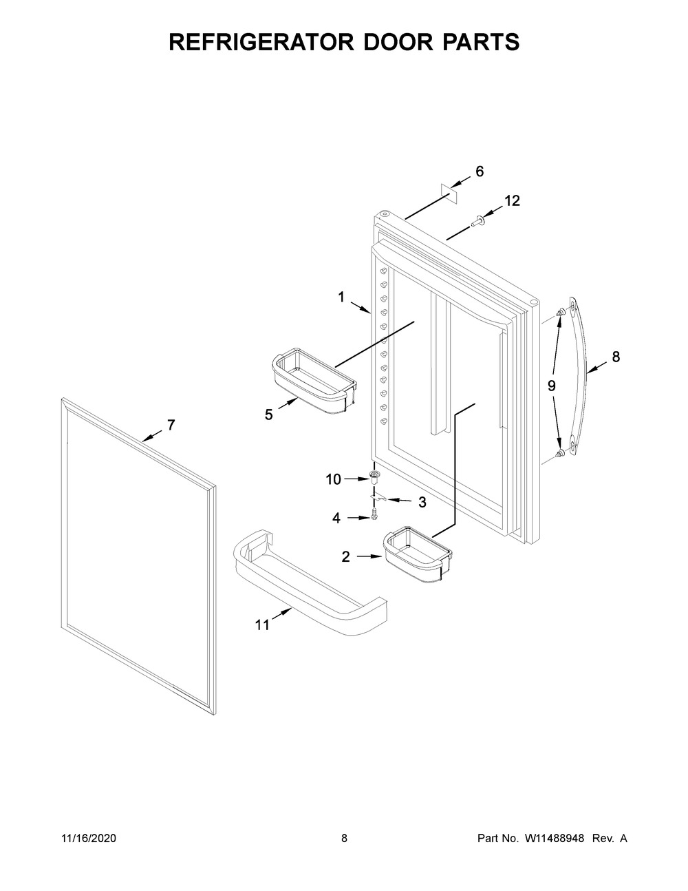 Refrigerator Door Parts Diagram and Parts List for WRB329DFBB02  Whirlpool Refrigerator
