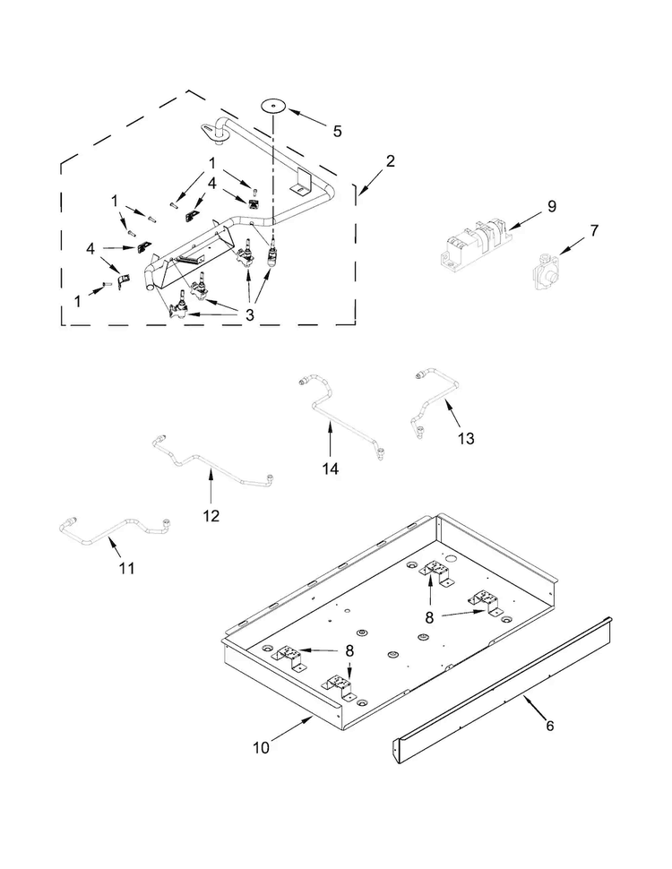 Burner Box, Gas Valves And Switch Parts Diagram and Parts List for WCG75US0DB00  Whirlpool Cooktop