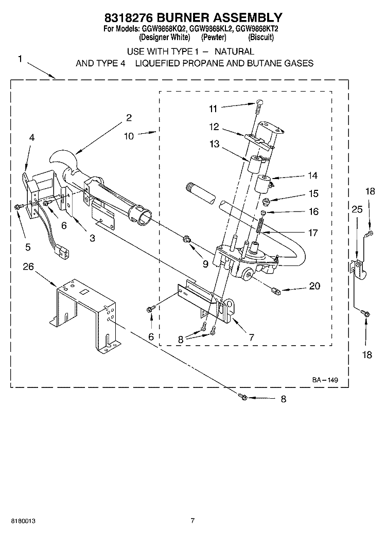 8318276 BURNER ASSEMBLY Diagram and Parts List for GGW9868KL2  Whirlpool Dryer