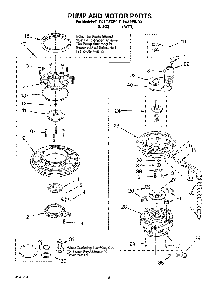 PUMP AND MOTOR Diagram and Parts List for DU941PWKB0  Whirlpool Dishwasher