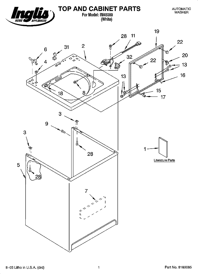 TOP AND CABINET PARTS Diagram and Parts List for IM45000  Inglis Washer