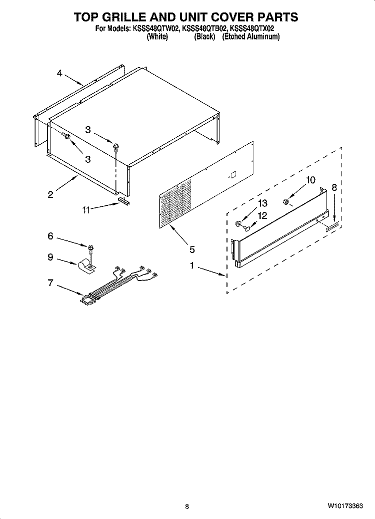 TOP GRILLE AND UNIT COVER PARTS Diagram and Parts List for KSSS48QTB02  KitchenAid Refrigerator