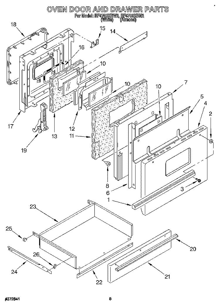 OVEN DOOR AND DRAWER Diagram and Parts List for RF4700XBW2  Whirlpool Range