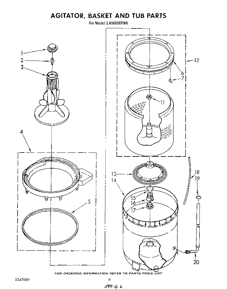 AGITATOR, BASKET AND TUB Diagram and Parts List for LA5600XPW6  Whirlpool Washer