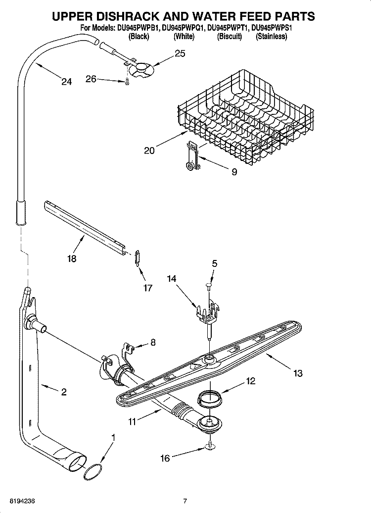 UPPER DISHRACK AND WATER FEED PARTS Diagram and Parts List for DU945PWPT1  Whirlpool Dishwasher