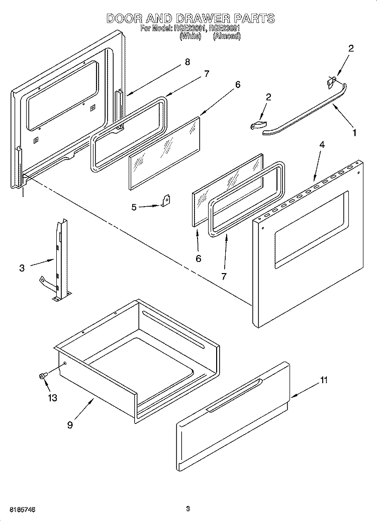 DOOR AND DRAWER PARTS Diagram and Parts List for RGE23001  Roper Range
