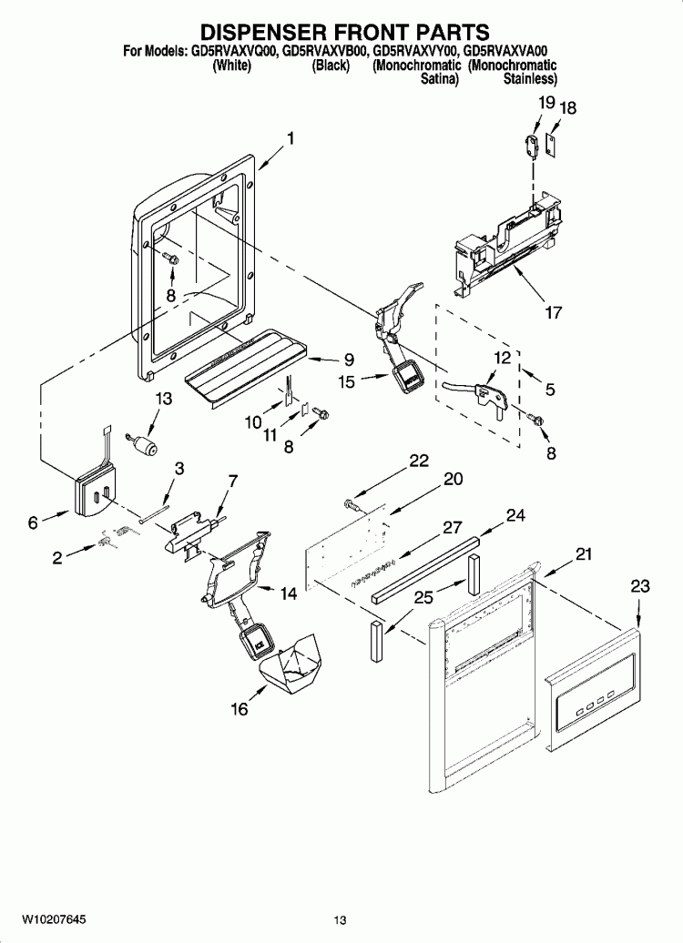 DISPENSER FRONT PARTS Diagram and Parts List for GD5RVAXVB00  Whirlpool Refrigerator