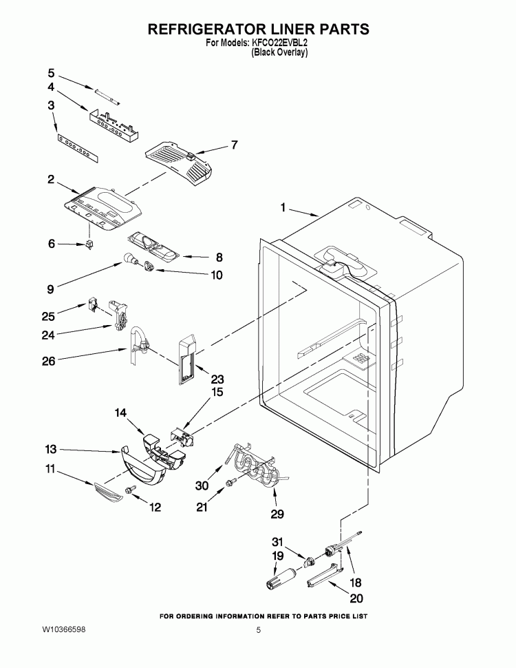 REFRIGERATOR LINER PARTS Diagram and Parts List for KFCO22EVBL2  KitchenAid Refrigerator