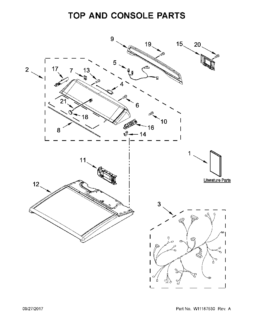 Top and console parts Diagram and Parts List for 11079132414  Kenmore Dryer