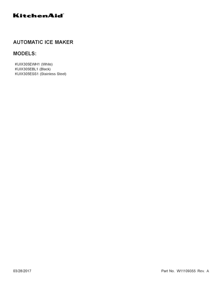Cover Sheet Diagram and Parts List for KUIX305ESS1  KitchenAid Ice Maker